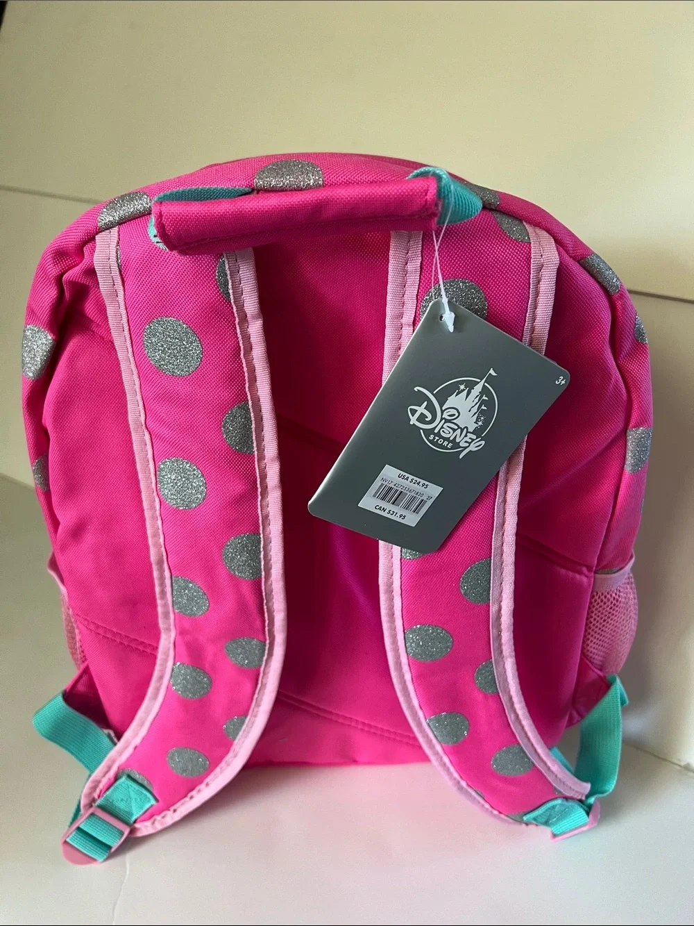Disney Minnie Mouse Pink and Teal Kids Backpack with Silver Dots